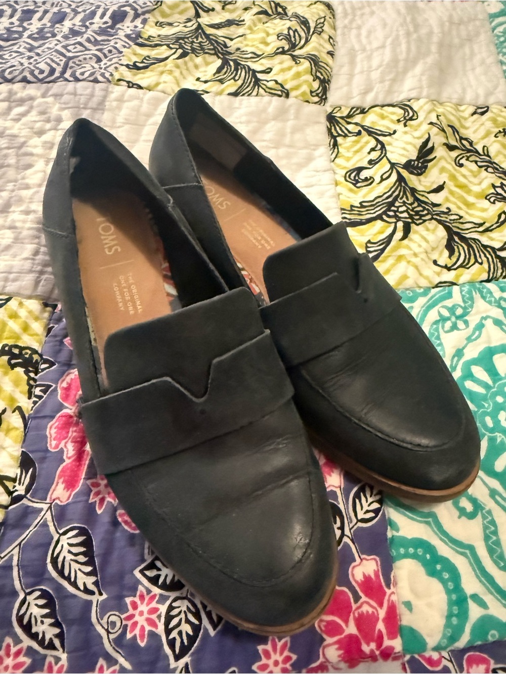 Toms Black Leather Slip-On Penny Loafers